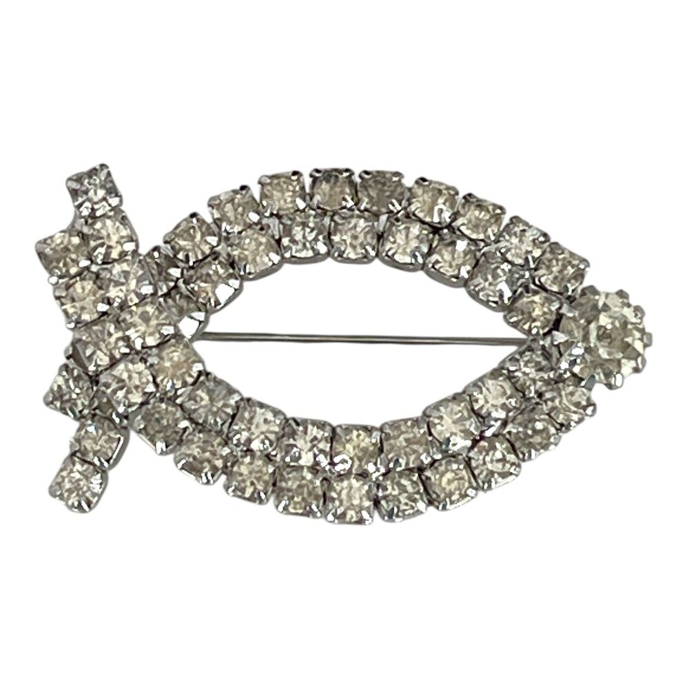 Vintage 1950s Rhinestone Fish Brooch Silver Tone Crystal Pin Mid Century - 6D